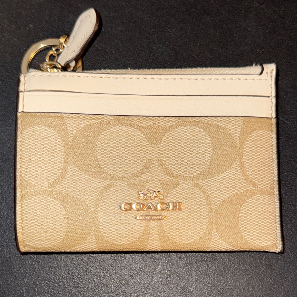 Coach Tan Signature Card Case with Cream Trim and Gold Hardware